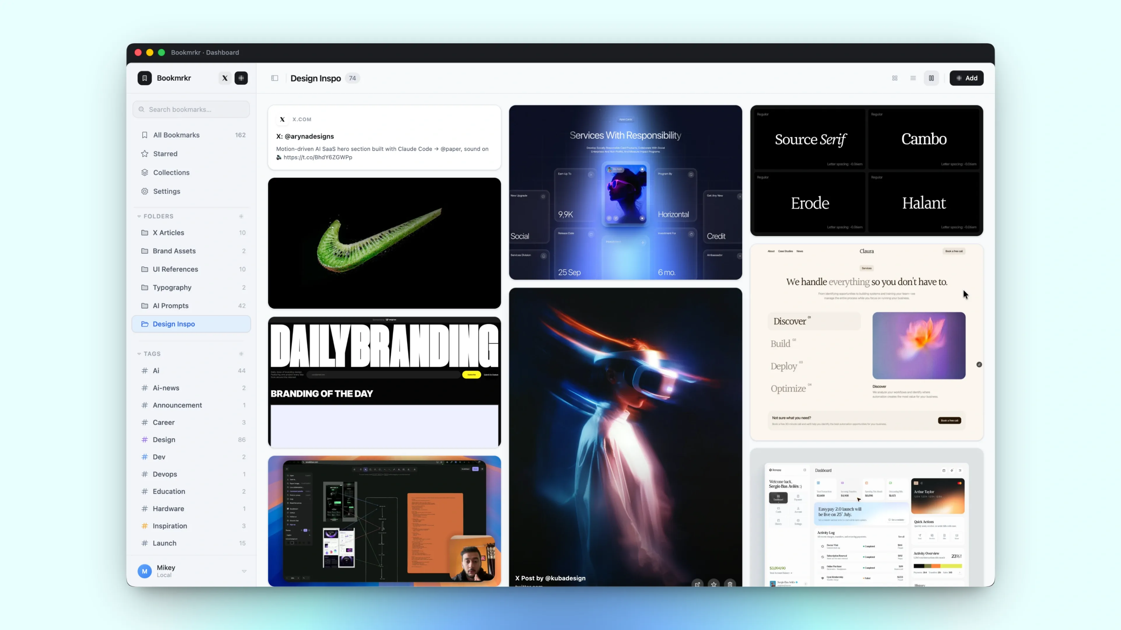 Bookmrkr — folders, tags, and masonry bookmark grid
