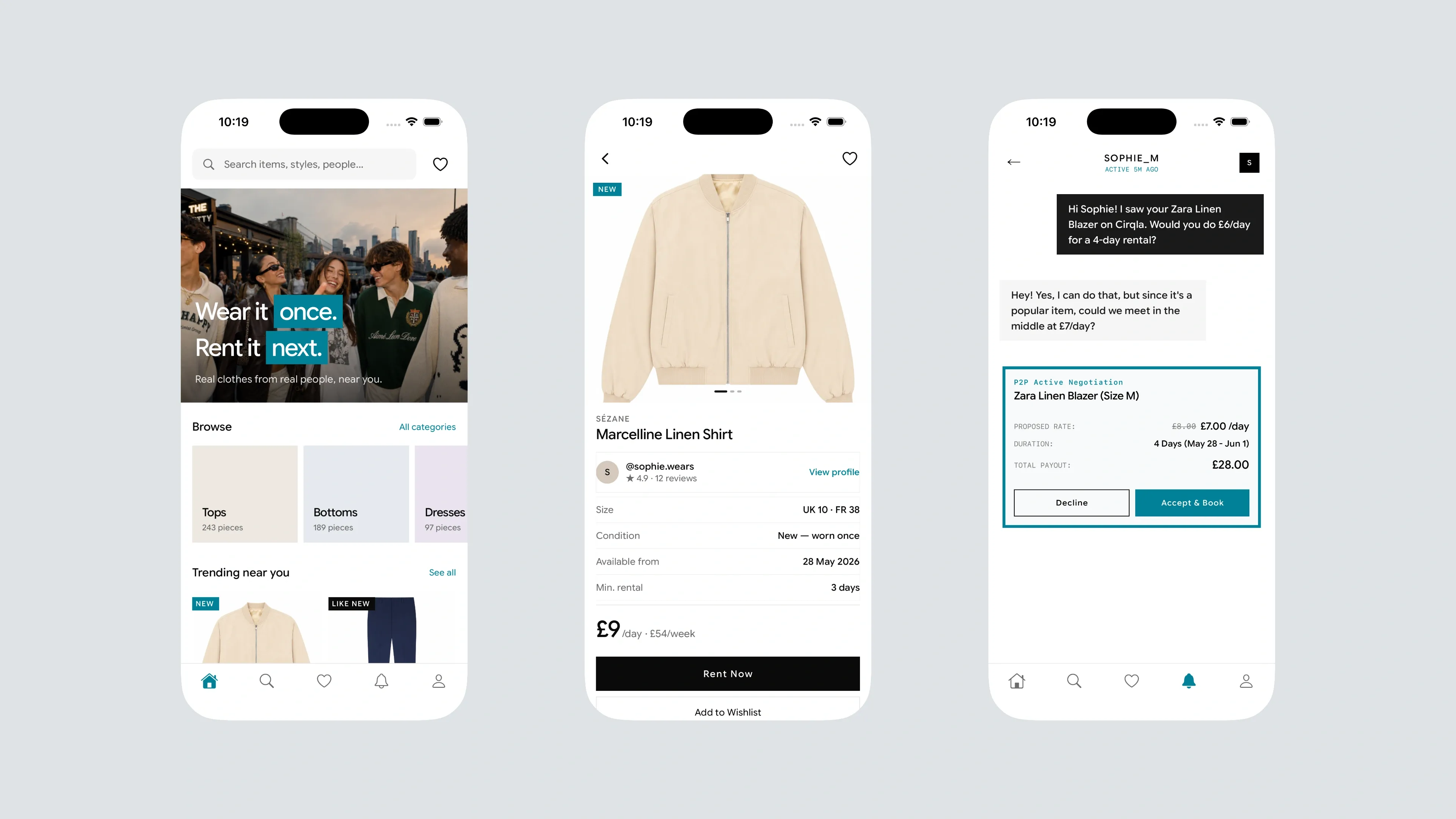 Cirqla mobile app redesign showing browse, product detail, and rental negotiation screens