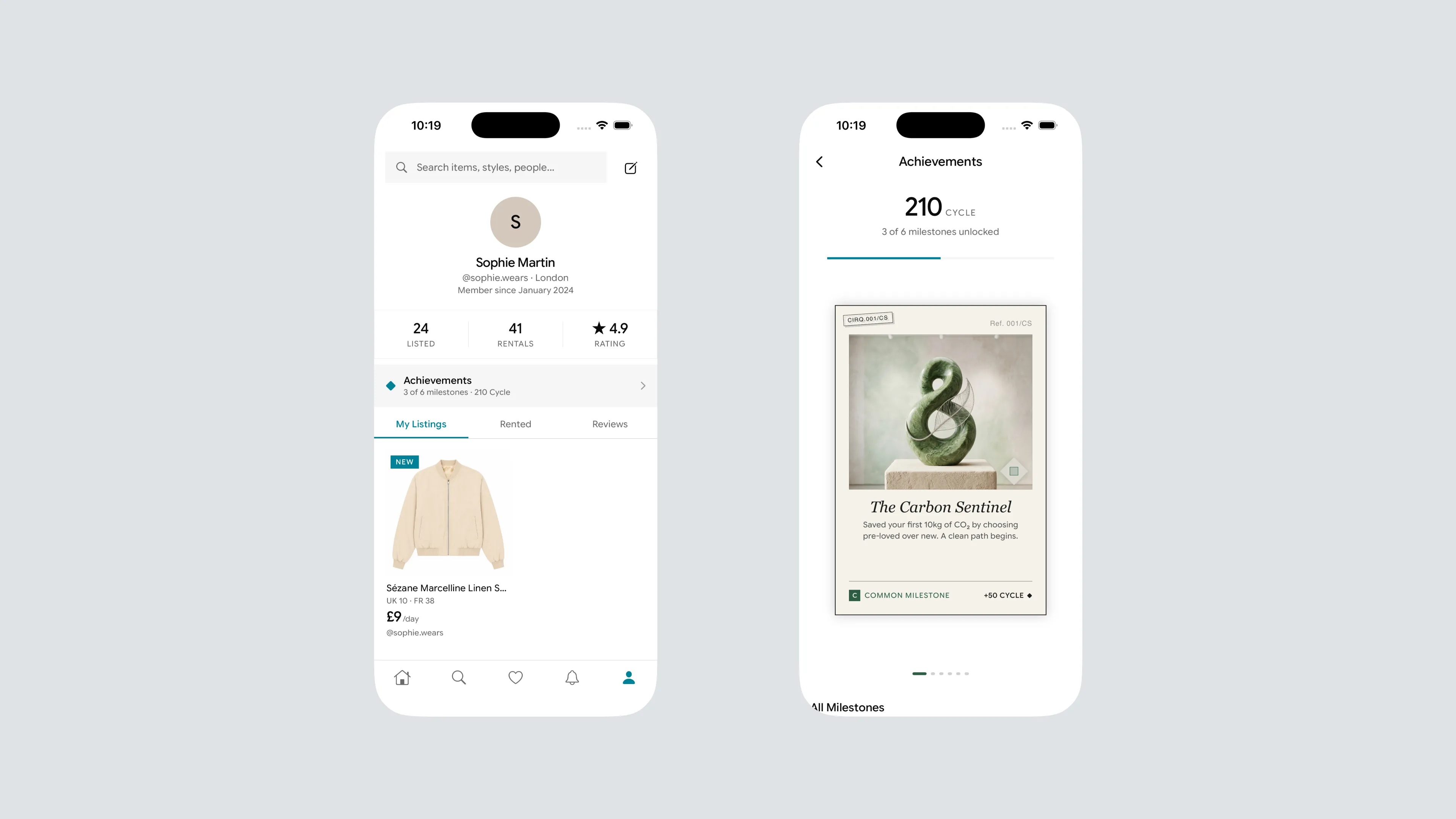 Cirqla mobile app redesign showing profile and achievements screens