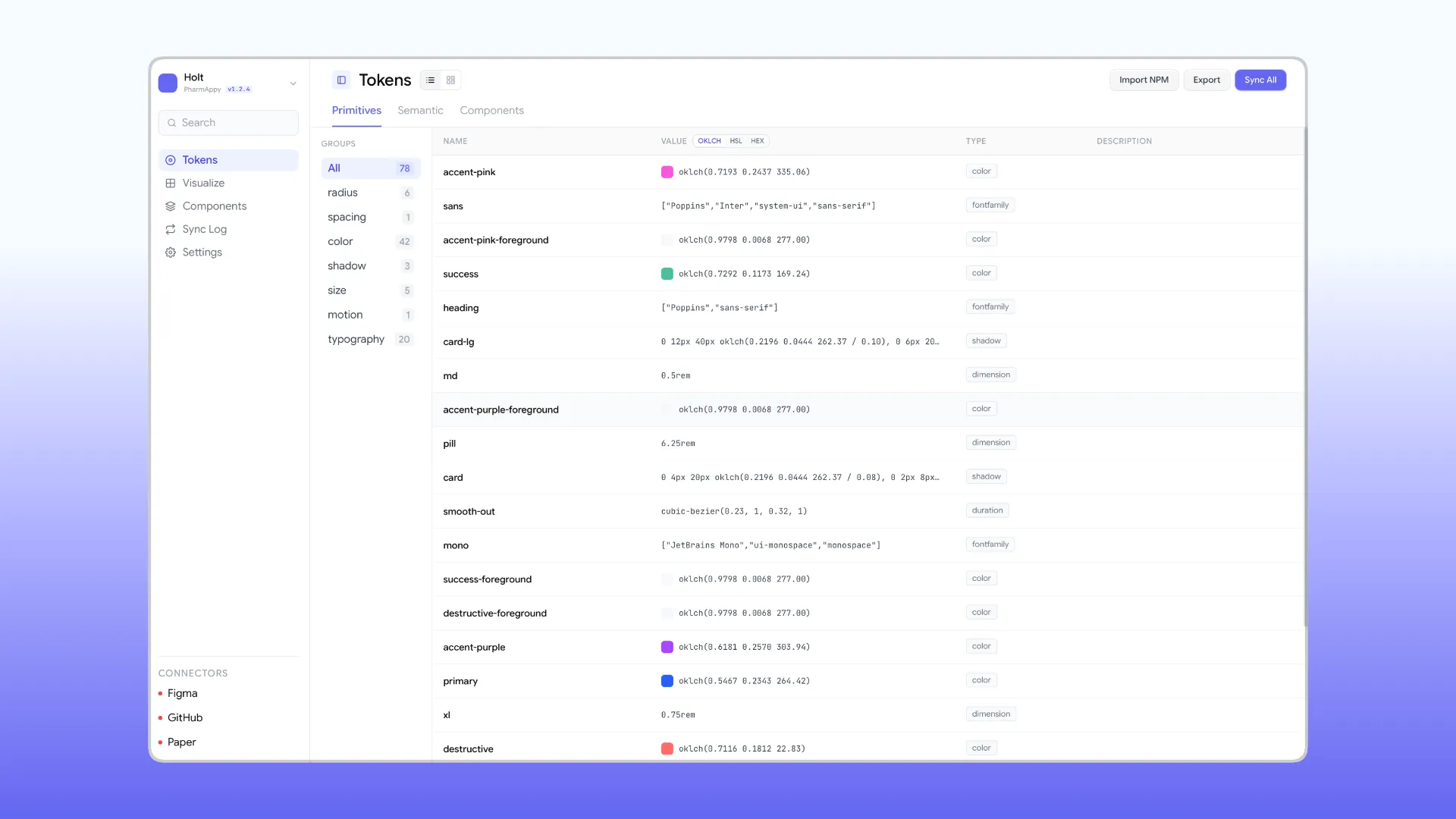 Holt design token manager showing PharmAppy primitives, semantic tokens, and Figma, GitHub, and Paper connectors