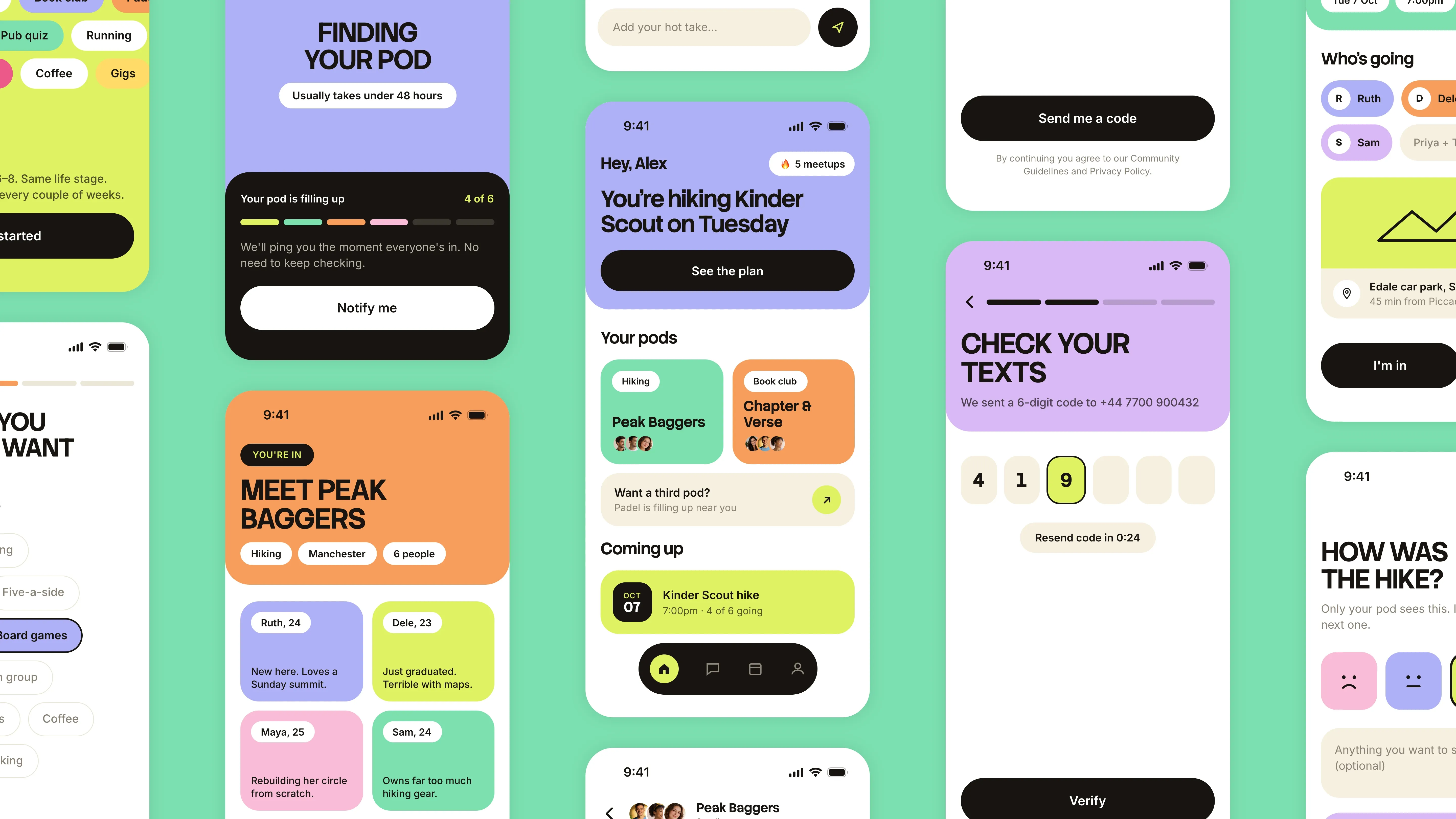 Post-uni — Pod-matching social app concept showing onboarding, pod discovery, group profiles, event details, and post-event feedback screens